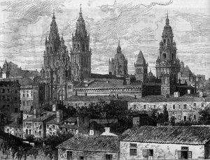 Arte barocca: vista della Cattedrale di Santiago de Compostela. Spagna. Incisione in 