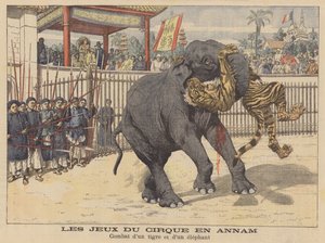 Battaglia tra un elefante e una tigre in un circo ad Annam, in Indocina (litografia a colori)