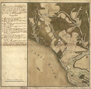 Battaglia di Green Spring, mappa della terra sulla riva sinistra del fiume James di fronte a Jamestown in Virginia dove si svolse la battaglia del 6 luglio da French School