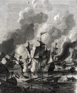 La Battaglia di Lagos fu una battaglia navale durante la Guerra dei Nove Anni il 27 giugno 1693 (incisione) da French School