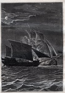 Battaglia tra la Swallow e un pirata malese: La nave Swallow di Philip Carteret (1733-1796) combatté con una nave pirata malese nelle acque indonesiane nel 1767 - illustrazione da 