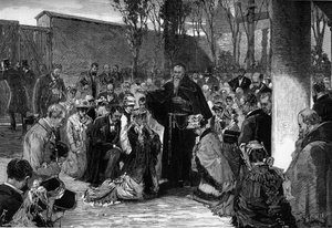 Benedizione dei fedeli nel cortile dei Cappuccini in rue de la Sante a Parigi il 30 ottobre 1880, prima della loro espulsione a seguito dei decreti del marzo 1880 emessi da Jules Ferry, che rimuovono il diritto di insegnare ai membri di congregazioni relig da French School
