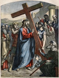 Scena biblica - Via Crucis: Gesù porta la croce. Incisione in 