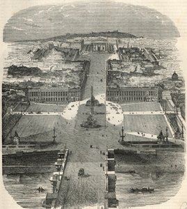 Veduta aerea di Place de la Concorde, rue Royale con la chiesa della Madeleine - Incisione in 