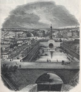 Veduta aerea del Canal Saint-Martin, la Piazza e il quartiere della Bastiglia, presa dalla riva destra della Senna - Incisione in "Tableau-de-Paris" di Edmond Texier 1852 da French School