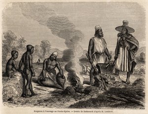 Fabbro al lavoro a Fouta Djalon (Senegal), disegno di Hadamard, per illustrare il viaggio del tenente Lambert a Fouta Djalon nel 1860. Incisione in "Le tour du monde" 1861. Collezione Selva.