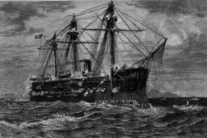 Nave attaccata da torpediniere (XIX secolo). Incisione dal dipinto di Pierre Emile de Crisenoy (XIX secolo) in 