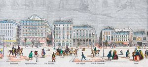 Boulevard des Italiens lato sud - Rue Favart - Opera comique - Rue Marivaux - cafe Anglais - Rue Grammont - Bazar - Incisione in 