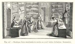 Boutique di una modista nel XVIII secolo, Collezione Bonnardot (incisione) da French School