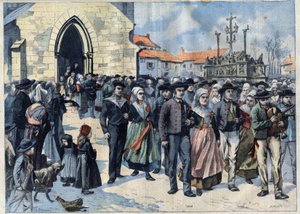 Usanza bretone: Matrimonio tradizionale a Plougastel (Finistere, Bretagna). Gli sposi escono dalla chiesa. Incisione in "Le Petro Parisien" da French School