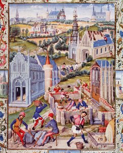 Cantieri a Saint Denis (Città) per la costruzione di 12 chiese in onore dei 12 apostoli. Miniatura tratta da 