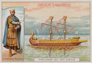 Burchard, comandante militare del regno di Carlo Magno, e una nave da guerra del IX secolo da French School