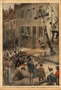 Per ordine del sindaco di Reims, Charles Arnould, la croce sul muro della scuola di Rue du Jard è stata decrocificata, suscitando numerose proteste, nel contesto della progressiva lacerazione delle istituzioni statali. Incisione in "Le pelerin" 24/06/1900. da French School