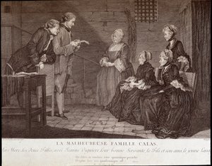 Affare Calas: La sfortunata famiglia di Jean Calas (morto nel 1762): la madre, le due figlie, con Jeanne Viguiere, la loro buona serva, il figlio e il suo amico, c.1762.