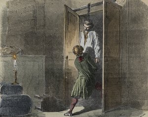 Caso Calas: il 13 ottobre 1761, Marc Antoine Calas è trovato impiccato nella boutique di famiglia a Tolosa - Incisione in "Cause celebri di tutti i popoli" di Armand Fouquier (1817-18?) 1858-1867 - collezione privata