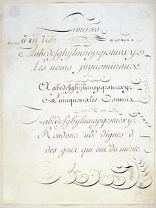 Calligrafia: Pezzo manoscritto che rappresenta il principio di tre scritture francesi, verso la fine del XVIII secolo di André Tardieu. da French School