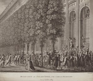 Camille Desmoulins che lancia un appello alle armi al popolo al Palais Royal, Parigi da French School