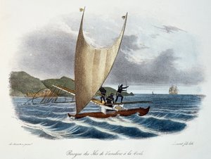 Canoa con vela dalle Isole Vanikoro, Isole Salomone (arcipelago), incisione a colori da Voyage of discovery of the Astrolabe undertaken by order of the king, during the years 1826-1829, di Jules-Sebastien-Cesar Dumont d