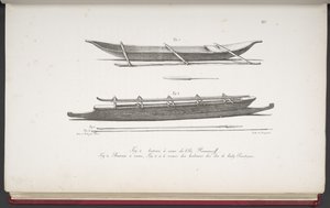 [Canoe delle Isole Marshall e una canoa e armi delle Isole Cook], da Voyage pittoresque autour du monde, avec des portraits de sauvages d