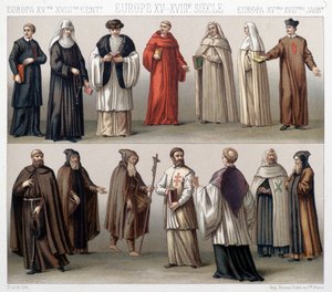 Canonici del Santo Sepolcro in Polonia. In alto: costumi del XVII e XVIII secolo. In basso: costumi del periodo antico da French School