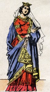 Dinastia carolingia: Ritratto di Richarde di Svevia, regina dei Franchi, moglie di Carlo III il Grosso. Immagine di Epinal della fine del XIX secolo. Collezione privata.