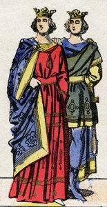 Dinastia carolingia: ritratti di Luigi III (ca. 863-882), re dei Franchi dal 879 al 882 e di Carlomanno II (867-884), re dei Franchi dal 879 al 884. Immagine di Epinal della fine del XIX secolo. Collezione privata