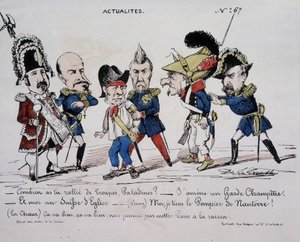 Caricatura sulla Comune "Notizie - Quante truppe hai radunato, Paladine? - Sto portando una guardia del paese. E io sono una chiesa svizzera. - (Vinoy) Tengo il Pompiere di Nanterre - (Nel cuore) Va bene, va bene, finalmente metteremo Parigi a ragione" da French School