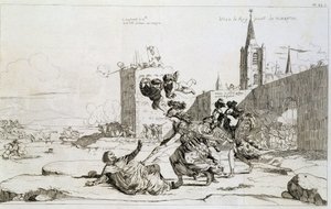 Caricatura raffigurante Mademoiselle de Montpensier (Grande Mademoiselle) "spazzando fuori dalla Francia Mazarin e i suoi partigiani" da French School