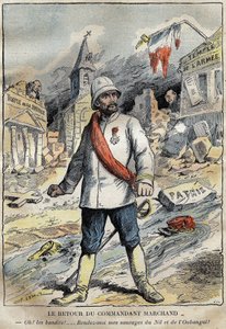 Cartone animato sul comandante Jean-Baptiste Marchand, a Tolone, di ritorno da una missione di esplorazione in Africa. Incisione in "Le Pelerin" 4/06/1899
