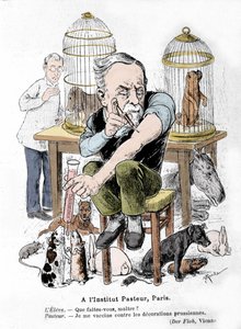Rappresentazione caricaturale dello scienziato Louis Pasteur, inventore del vaccino contro la rabbia, che si vaccina contro le decorazioni prussiane. Pubblicato in 
