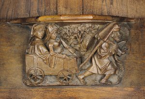 Intaglio raffigurante una coppia in un carro trainato da un uomo, da uno stallo del coro (legno) da French School
