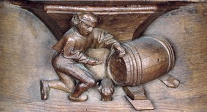 Intaglio raffigurante un uomo che mette un rubinetto su una botte, da un coro dell