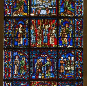 Cattedrale di Chartres, vetrata: Nostra Signora del bel vetro con sotto la vita pubblica di Cristo, dettaglio centrale da French School