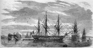 Festa cattolica: Venerdì Santo (Venerdì Santo) a Tolone (Var, 83) nel 1858. Le navi hanno le loro aste incrociate e le loro bandiere a mezz