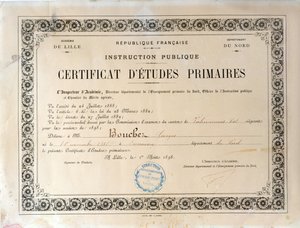 Certificato di istruzione primaria, Accademia di Lille, 1898 (inchiostro su carta) da French School