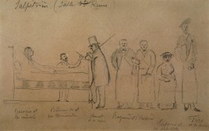 Charcot disegnato da uno dei suoi studenti. Da sinistra a destra: paziente Genevieve in camicia di forza, Dottor Desire Magloire Bourneville con un termometro, Jean Martin Charcot, Raymond e Brissaud, Me Tirperme e Charles Fere. Sala della Regina Santa, Os da French School