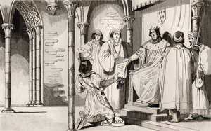 Carlo IV (1294-1328) il Bello riceve una supplica a corte, da 