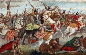 Carlo Martello ferma i musulmani alla battaglia di Poitiers nel 732. Cromolitografia del XIX secolo. da French School