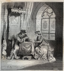 Carlo VI e Odette de Champdivers - Re Carlo VI di Francia, noto come Carlo il Beneamato, poi Carlo il Folle, con la sua amante Odette de Champdivers giocano a carte incisione in "Paris a travers les siècles" da French School