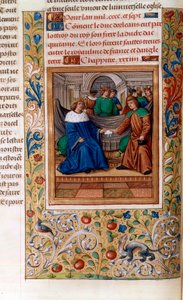 Carlo VI e Enrico V firmano il "Trattato di Troyes" nel 1420, illustrazione dalle "Cronache di Monstrelet" da French School