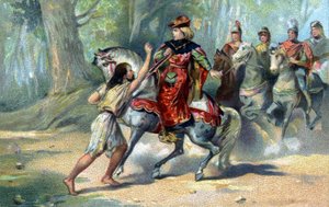 Carlo VI impazzisce nella foresta di Le Mans. Cromolitografia della fine del XIX secolo da French School