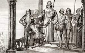 Carlo V (1358-80) il Saggio presenta la sua spada a Duguesclin, da 