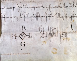 Carta firmata da Ugo I Capeto (941-996), Re di Francia, 988 (penna e inchiostro su carta) (dettaglio) da French School