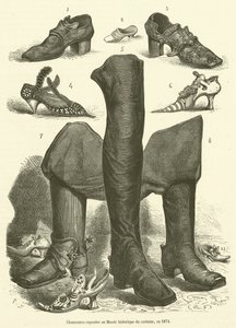 Scarpe esposte al Museo storico del costume, nel 1874 da French School