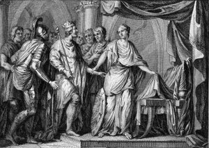 Childeberto II (570-596), re di Austrasia, prese possesso del regno di Borgogna e Orleans dopo la morte di Gontrano I nel 592. Incisione del XVIII secolo da French School