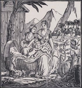 Infanzia di Paul e Virginie, scena del romanzo Paul et Virginie dello scrittore francese Jacques-Henri Bernardin de Saint-Pierre (litografia) da French School