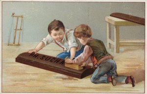 Bambini che costruiscono una grande barretta di cioccolato, pubblicità del cioccolato Suchard