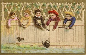 Bambini che pescano con scarpa e bollitore da French School