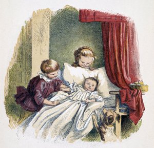 Bambini che giocano con una bambola in "Schnik, schnak, trifles for the little ones", giochi per bambini. ed. London- Georges Ronthedge and sons. New York, The broad way Ludgate n.d. c. 1890. da French School