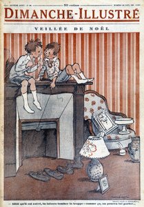 Bambini seduti sul camino, intrappolano una trappola per Babbo Natale, per il giornale di Natale 1930 "Le Dimanche illustré" da French School